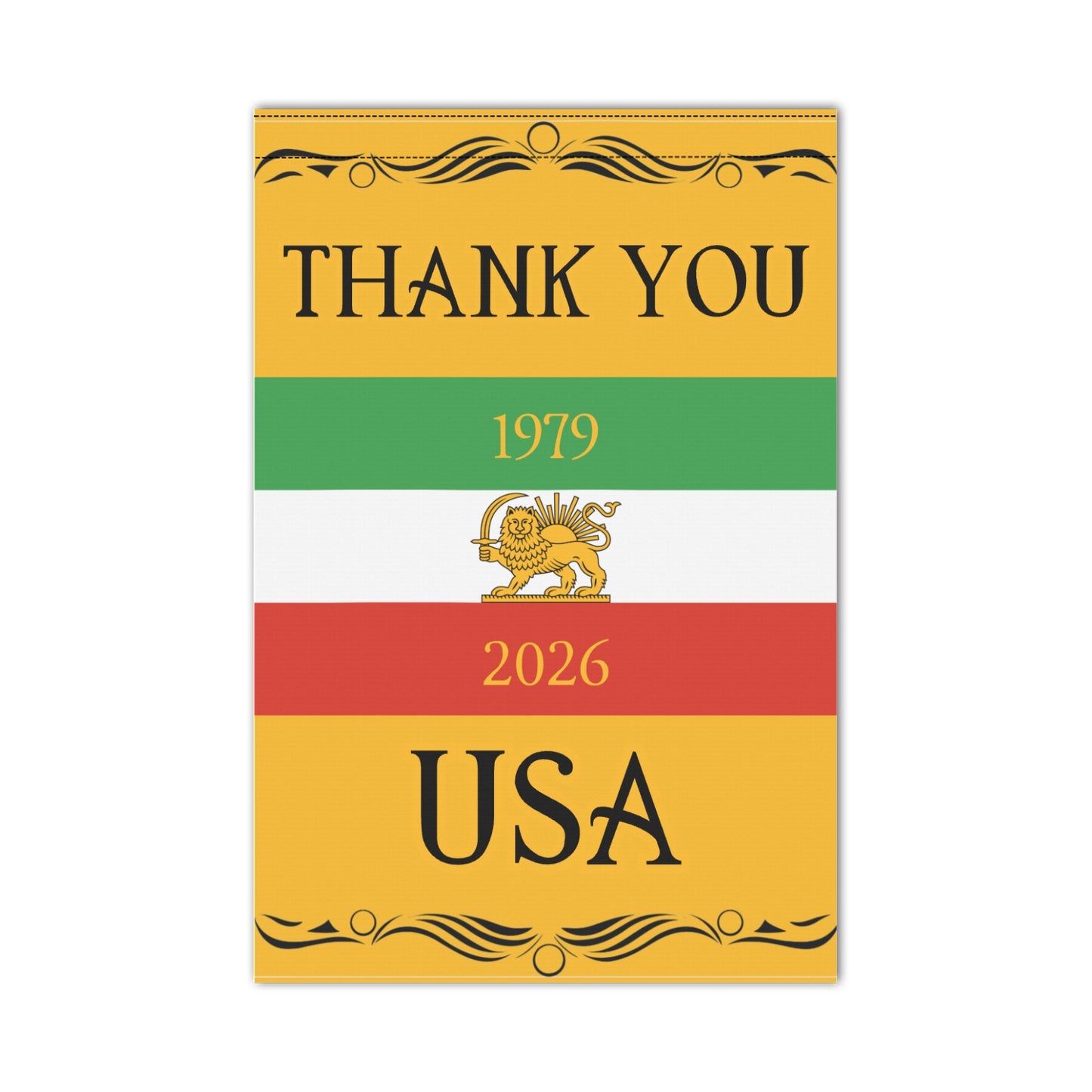 Iran Lion and Sun Flag Inspired Garden Flag 12 x 18 or 28 x 40 – Thank You USA / Thank You Donald Trump – Made in the USA