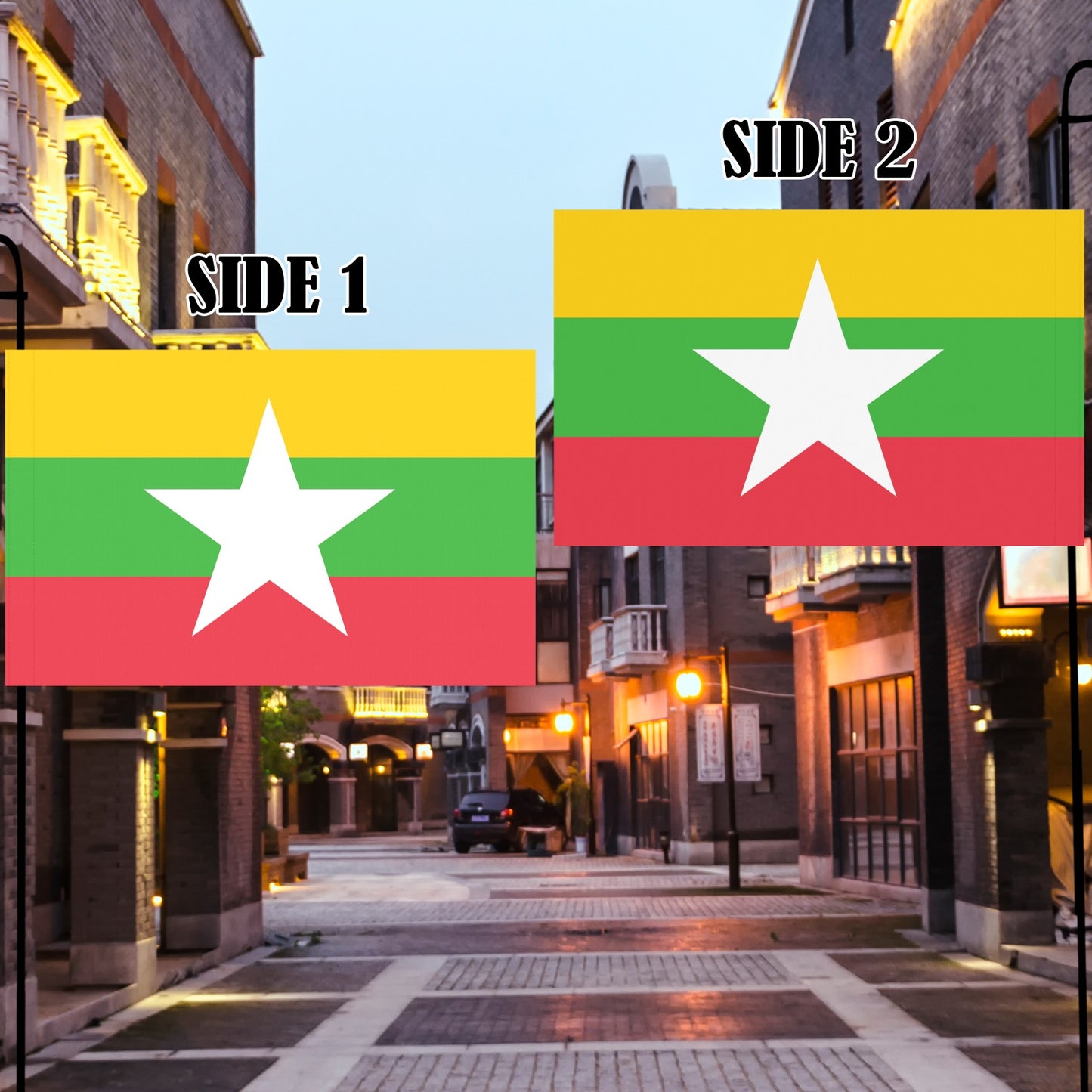 Luv My Flag Myanmar flags displayed on outdoor street.