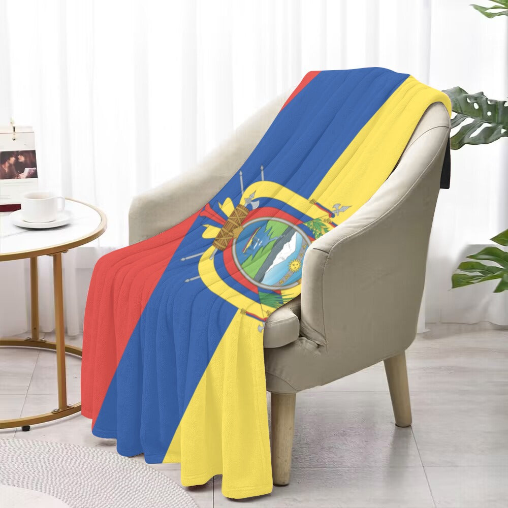 Luv My Flag colorful blanket draped over beige chair.