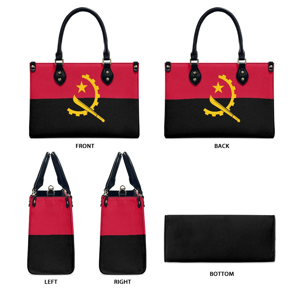 Luv My Flag handbag displaying Angolan flag design, multiple views.