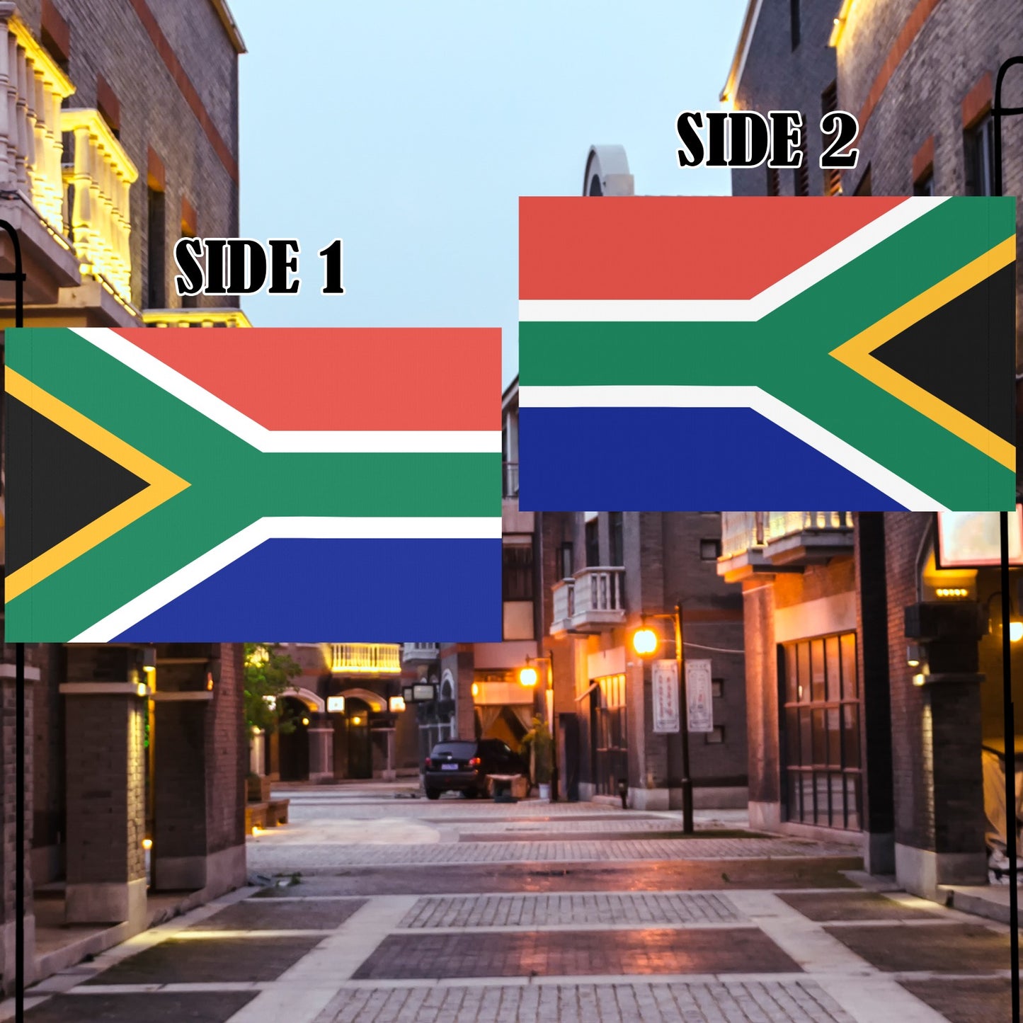 Luv My Flag: Two South African flags on urban street.