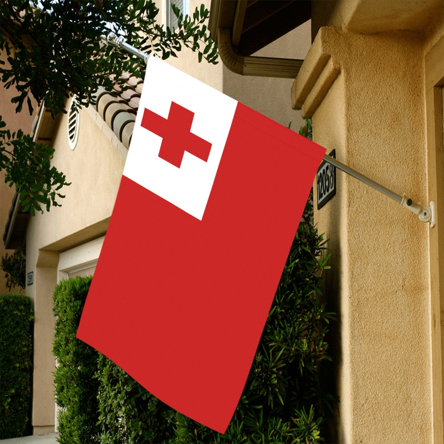 Red and white flag displayed outside house, Luv My Flag.