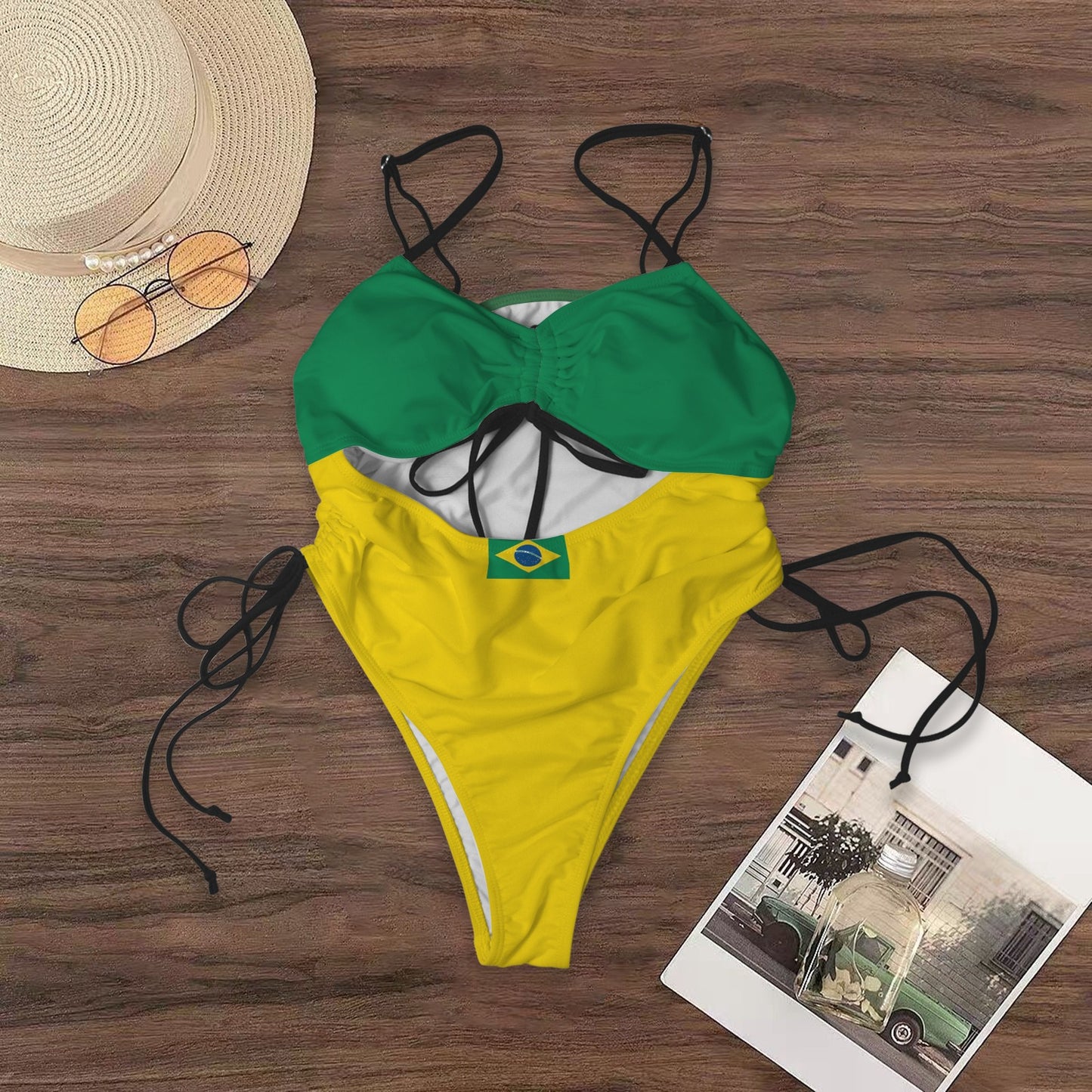Brazil Flag Inspired Women's Drawstring Cutout One Piece Swimsuit