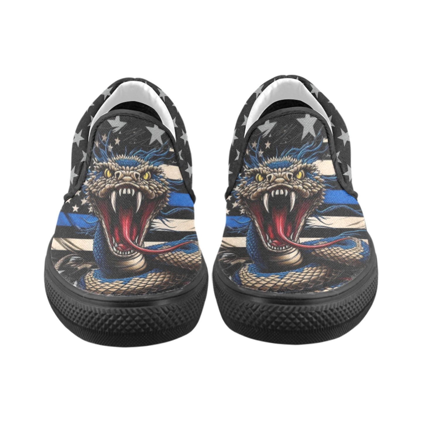 Thin Blue Line Flag Inspired Snake Slip-on Canvas Men's Shoes (Model019)(Two Shoes With Different Printing)