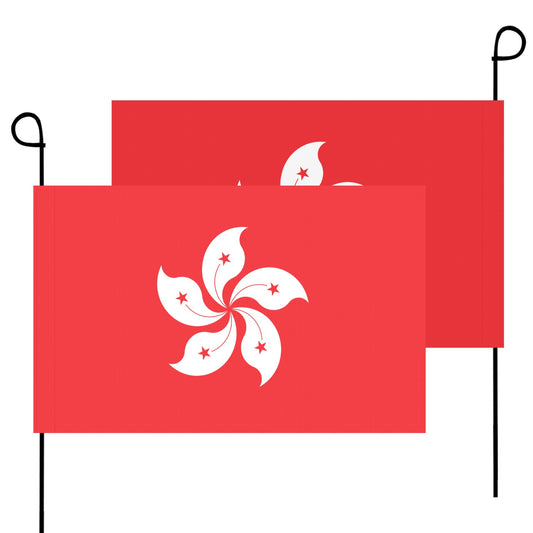 Two red flags featuring a white emblem from Luv My Flag.