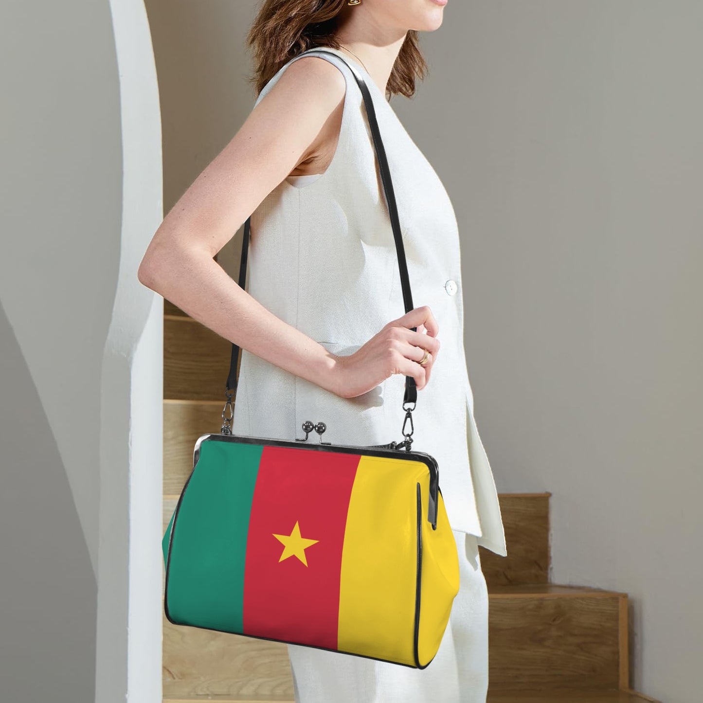 Cameroon Flag Inspired Kisslock Crossbody Shoulder Bag-Large