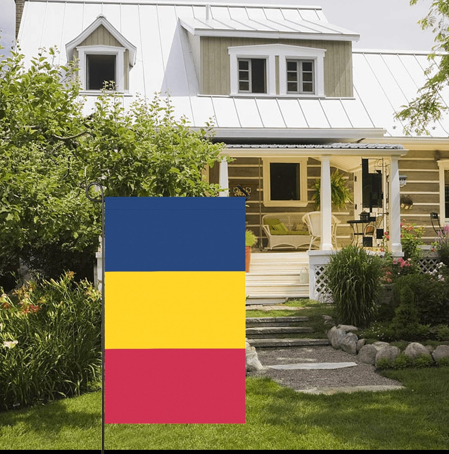 Flag from Luv My Flag, colorful patio scene displayed.