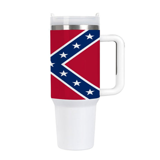 Confederate Flag travel tumbler, red and blue design.