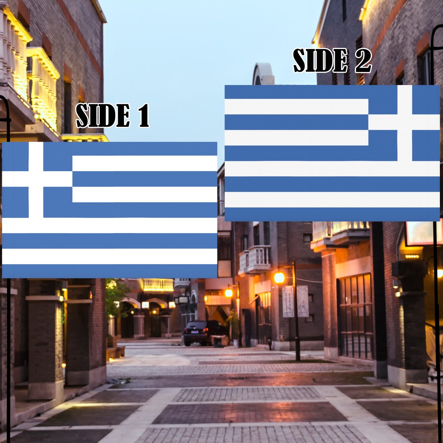 Luv My Flag: Two-sided Greek flag on urban street.