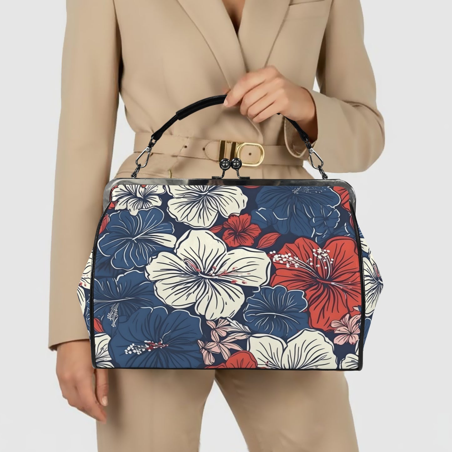 USA/American Flag Inspired Hawaiian Floral Pattern Kisslock Crossbody Shoulder Bag-Large