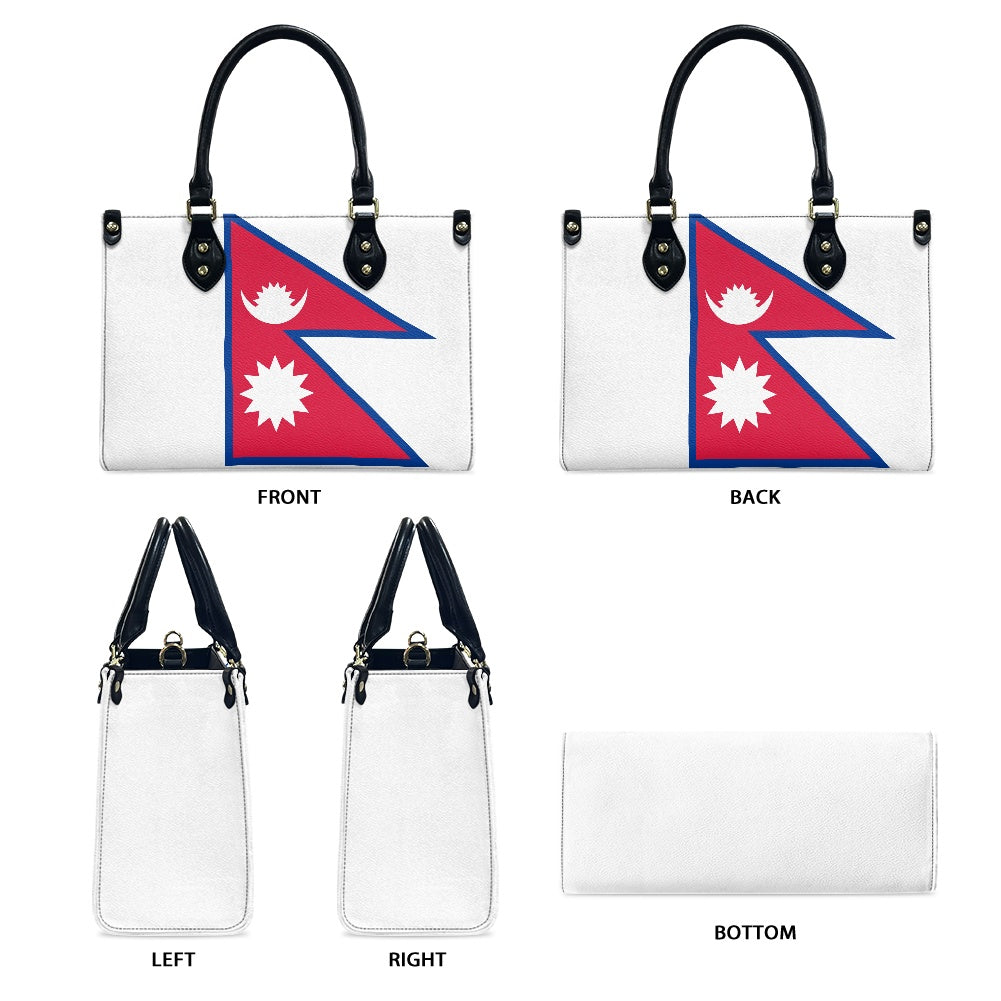 Luv My Flag handbag featuring Nepal flag design, different views.