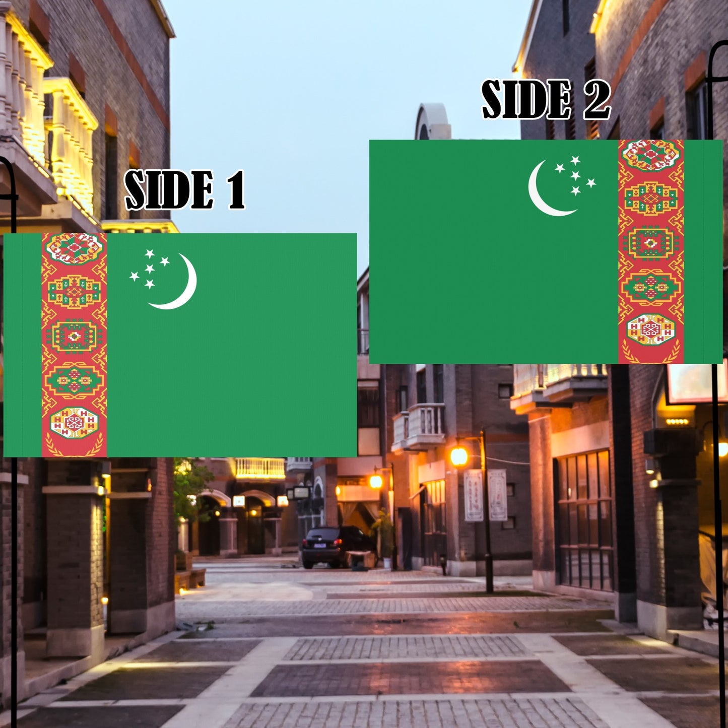 Two-sided flag in street, brand: Luv My Flag.