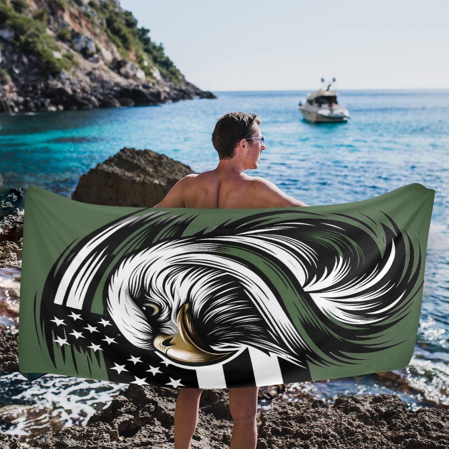 Thin Green Line Flag Inspired Eagle Beach Towel 31"x71" (Made in USA)