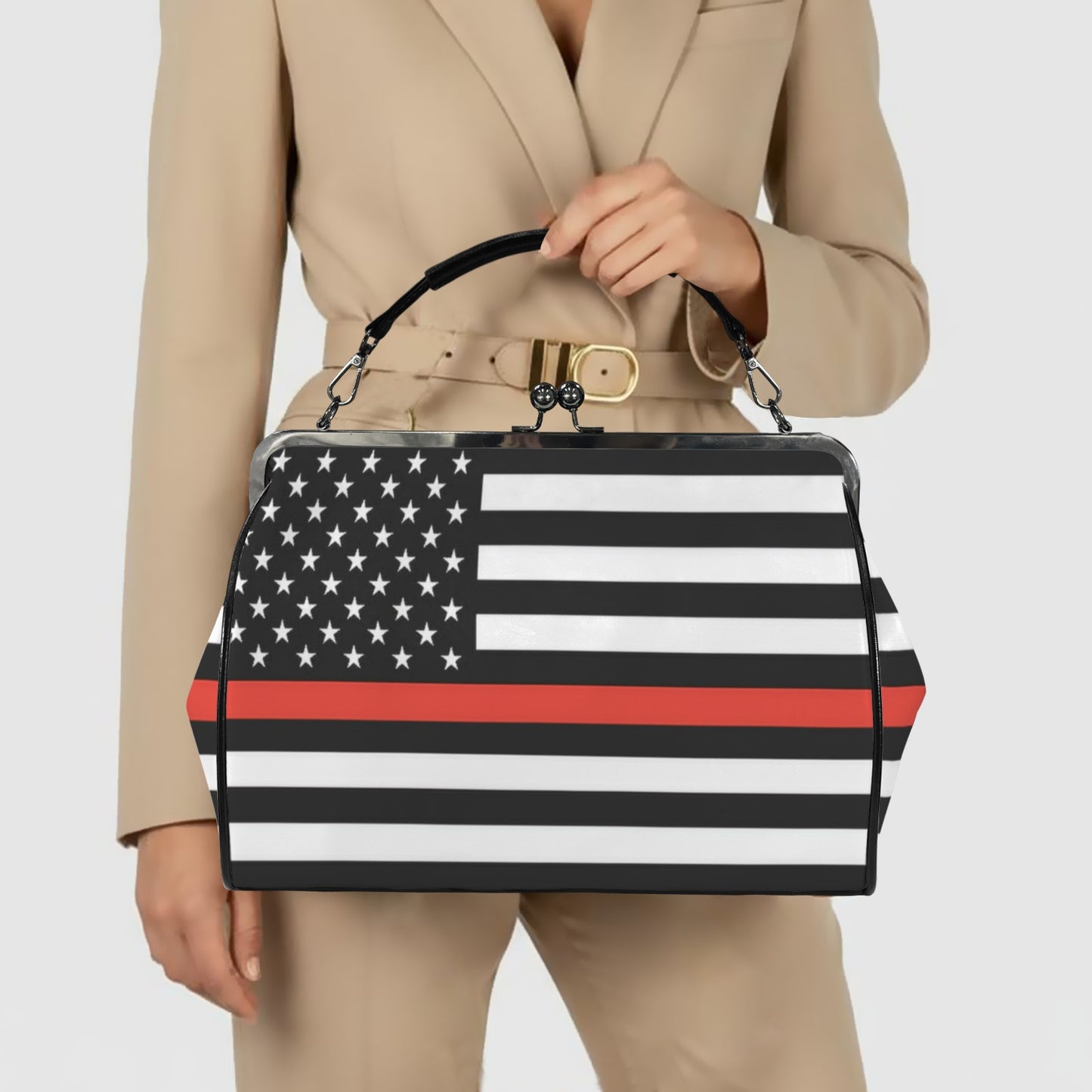 Thin Red Line Flag Inspired Kisslock Crossbody Shoulder Bag-Large