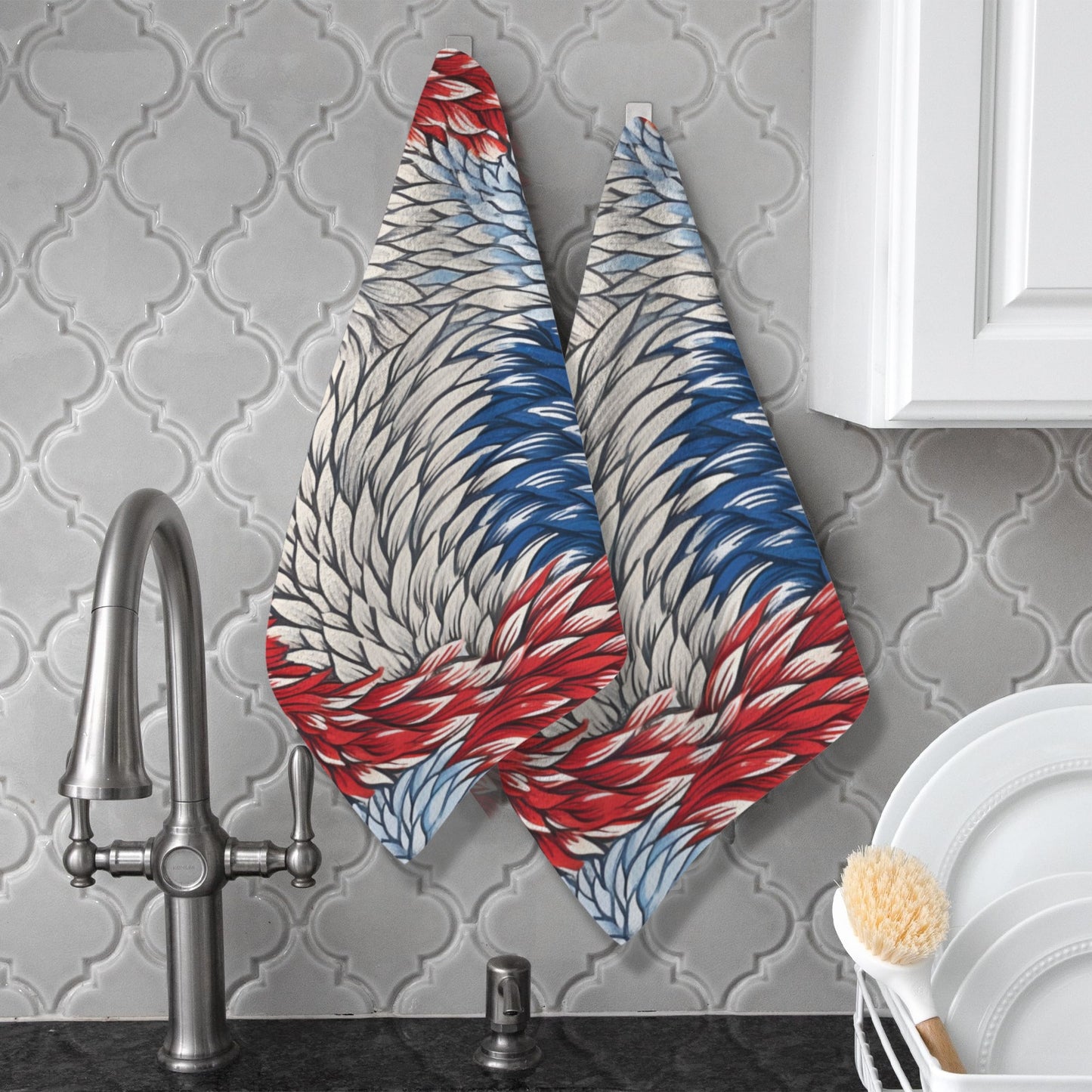 USA/American Flag Inspired Red White & Blue Floral Pattern Kitchen Towel 40X60cm (Pack of 2) (Made in the USA)