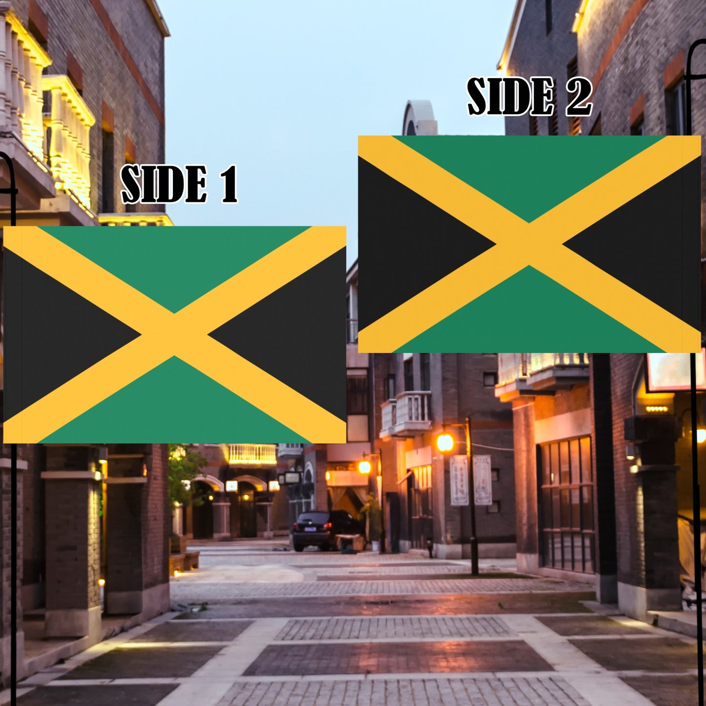 Luv My Flag Jamaican flags, two sides displayed in alley.