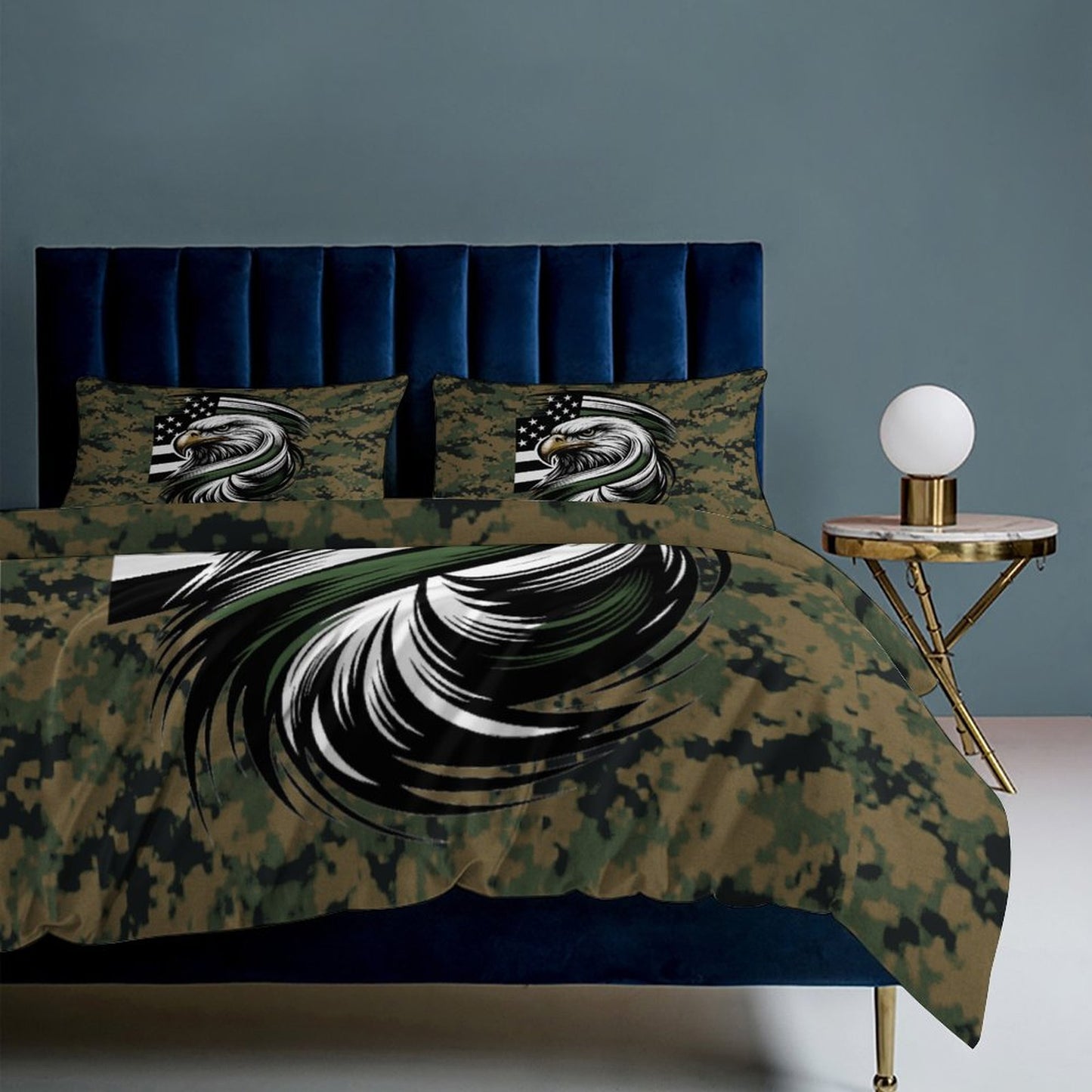 Thin Green Line Flag Inspired Eagle On Digital Camo 3-Piece Bedding Set (1 Duvet Cover + 2 Pillow Shams) – 102"×90"
