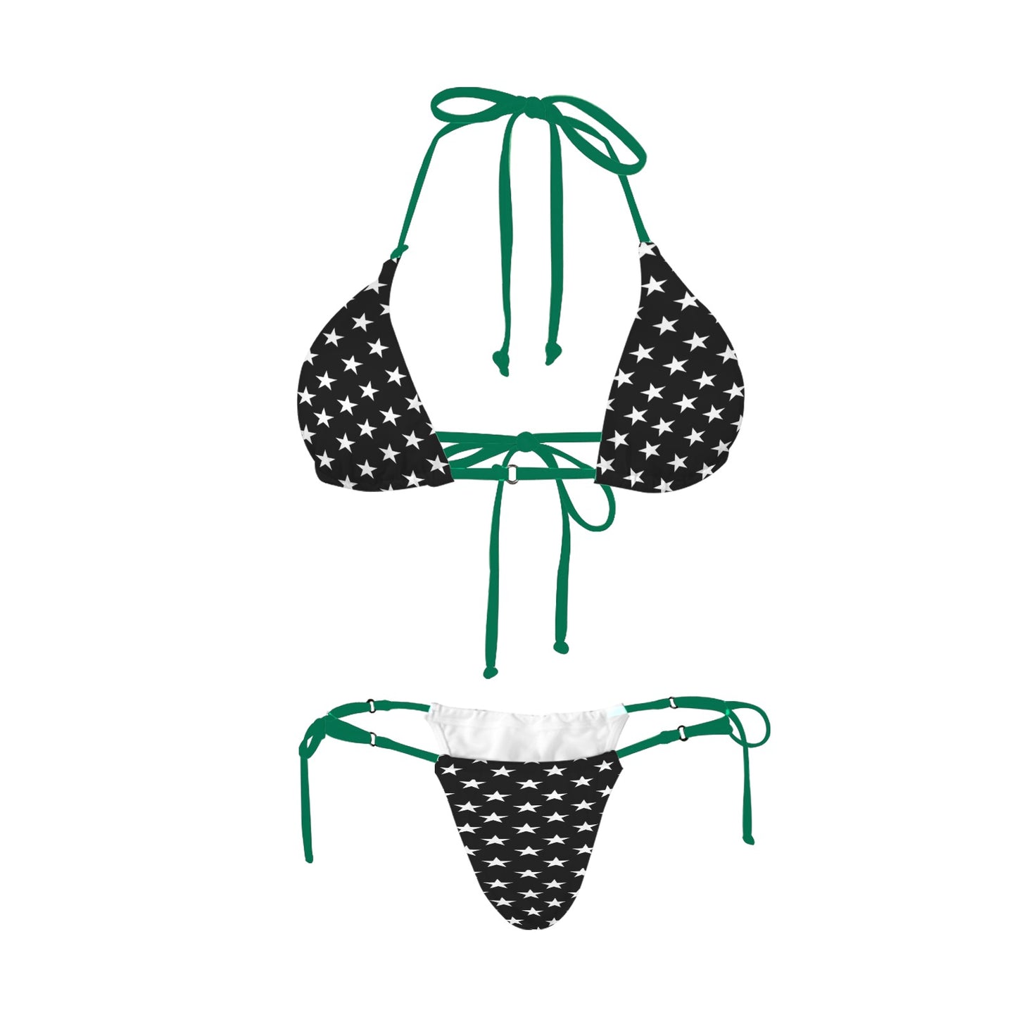 Luv My Flag star-patterned bikini with green strap detailing.
