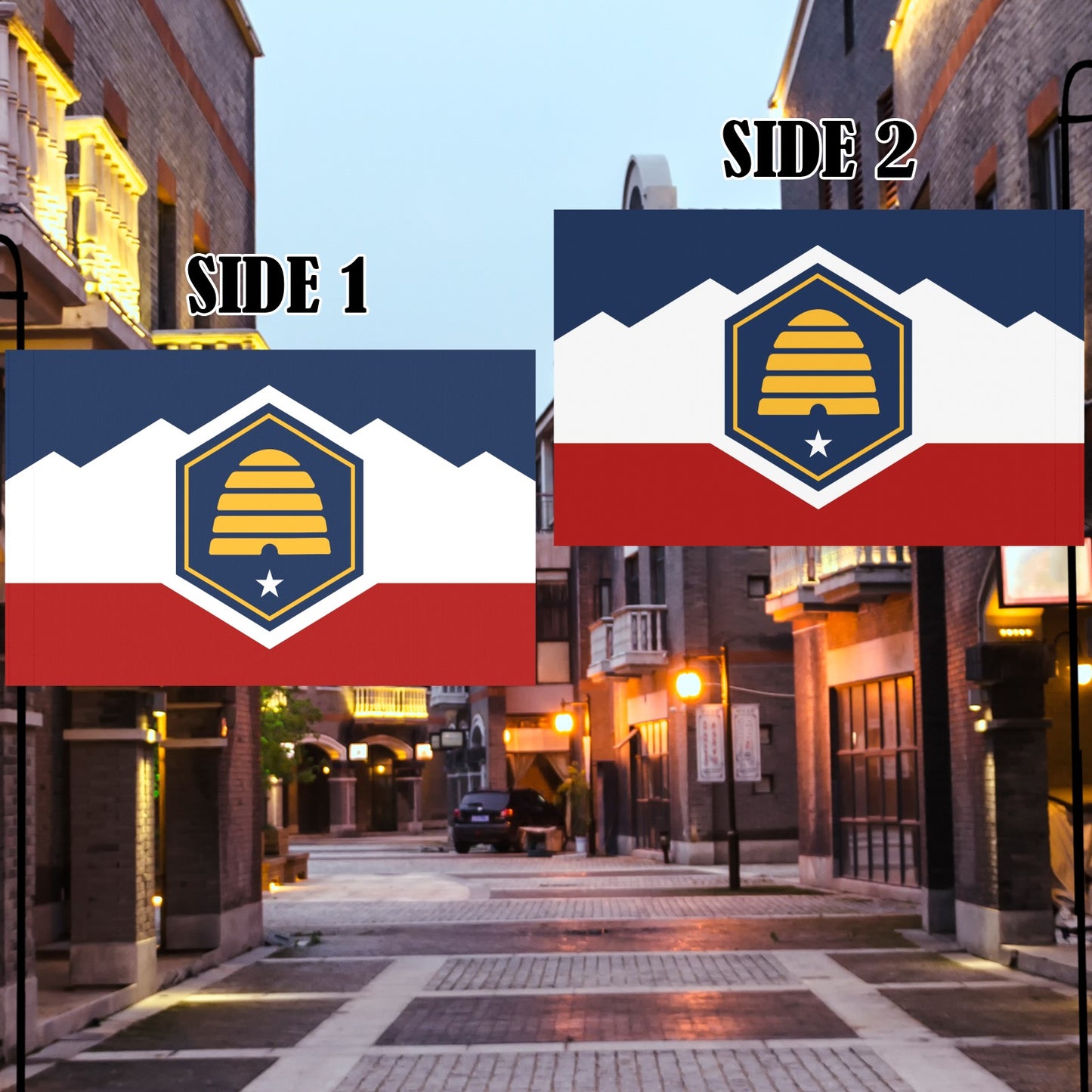 Street scene with two Luv My Flag banners displayed.