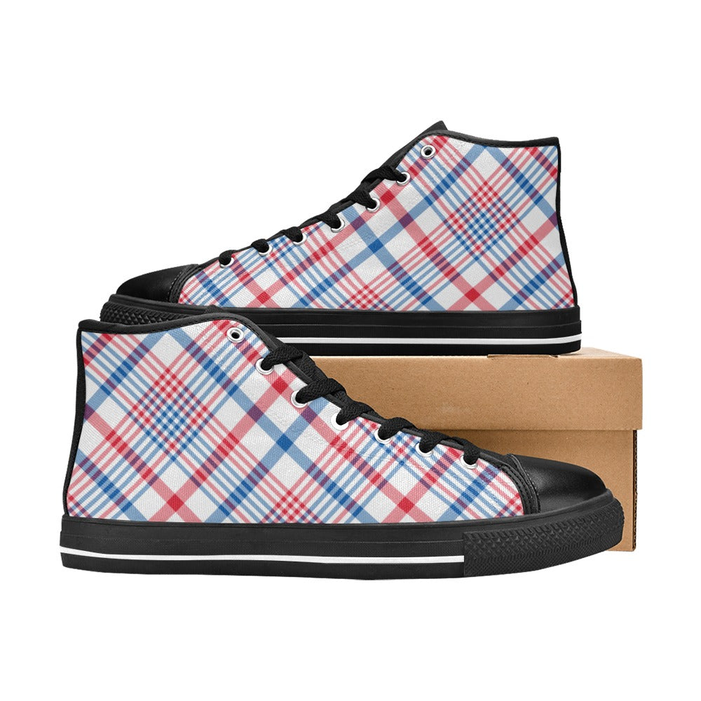 USA/American Flag Inspired Plaid Pattern Mens High Top Canvas Shoes