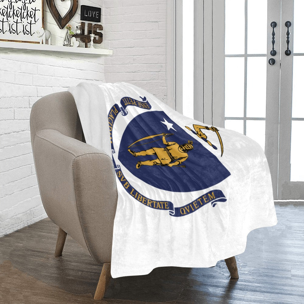 Cozy chair with Massachusetts flag blanket by Luv My Flag.