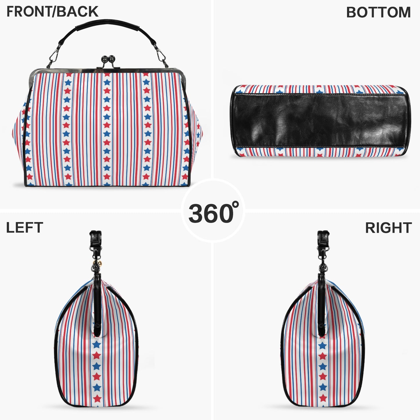 USA/American Flag Inspired Stars & Stripes Pattern Kisslock Crossbody Shoulder Bag-Large