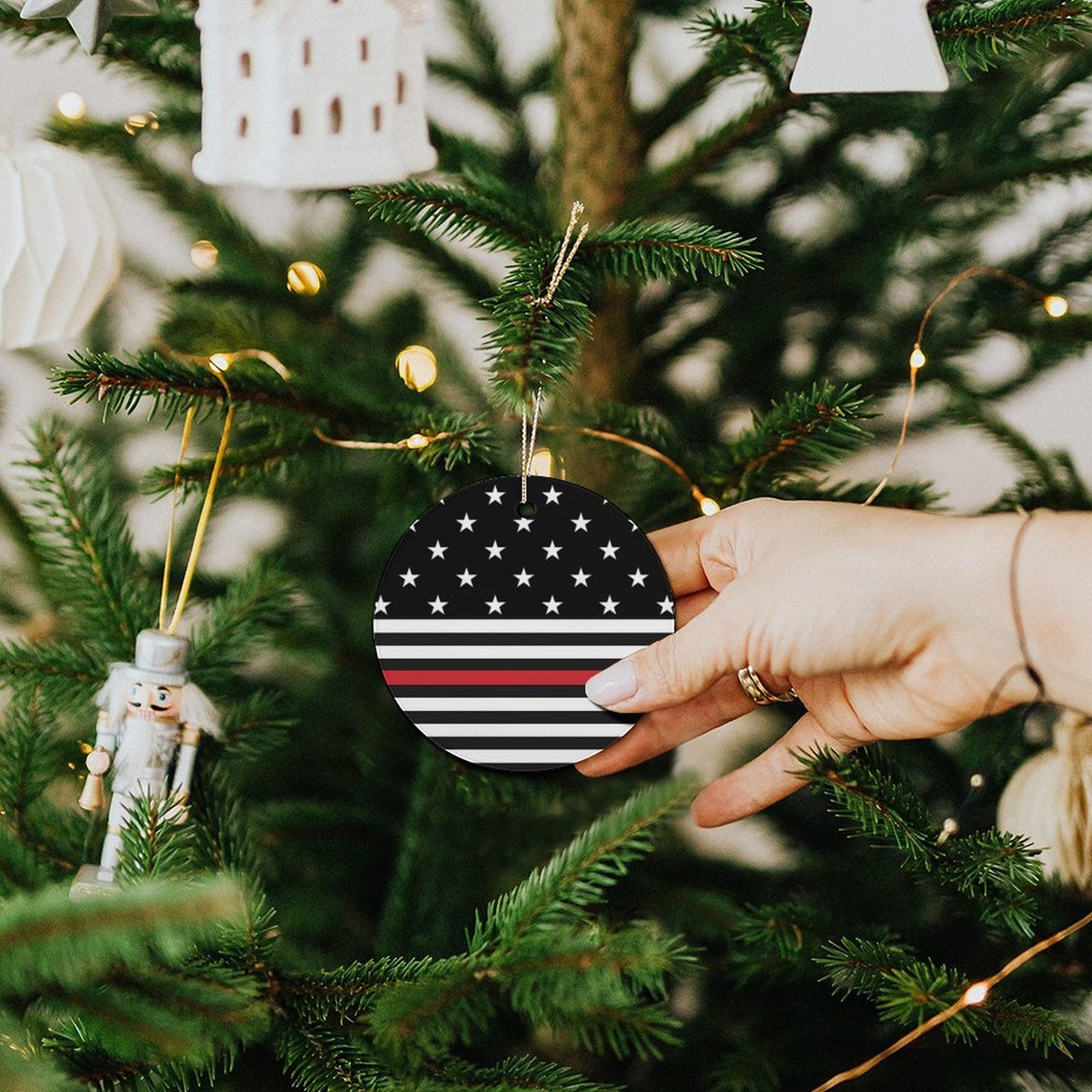 Thin Red Line Flag Inspired Circle Ceramic Ornament Made in USA Circle Ceramic Ornament (Made in USA)