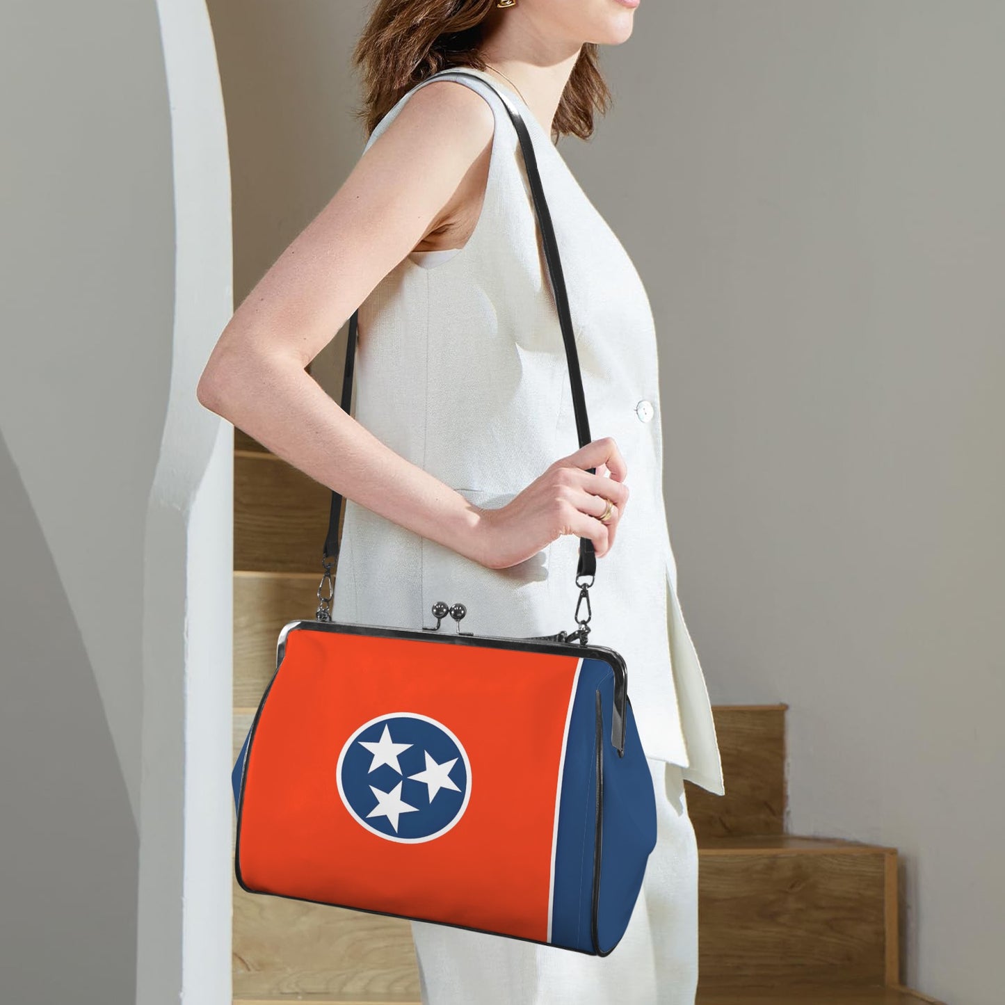 Tennessee Flag Inspired Kisslock Crossbody Shoulder Bag-Large