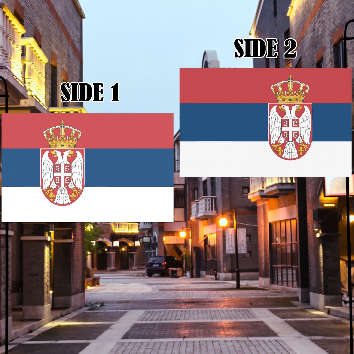 Luv My Flag banners featuring Serbian flags in urban setting.
