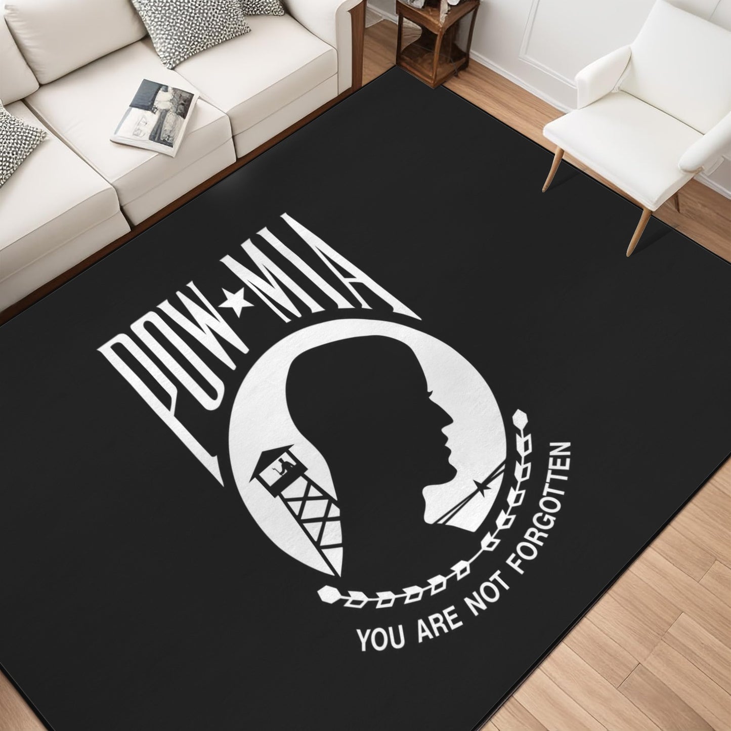 POW/MIA Flag Inspired 84x60 Inch Area Rug with Black Binding (Made in the USA)