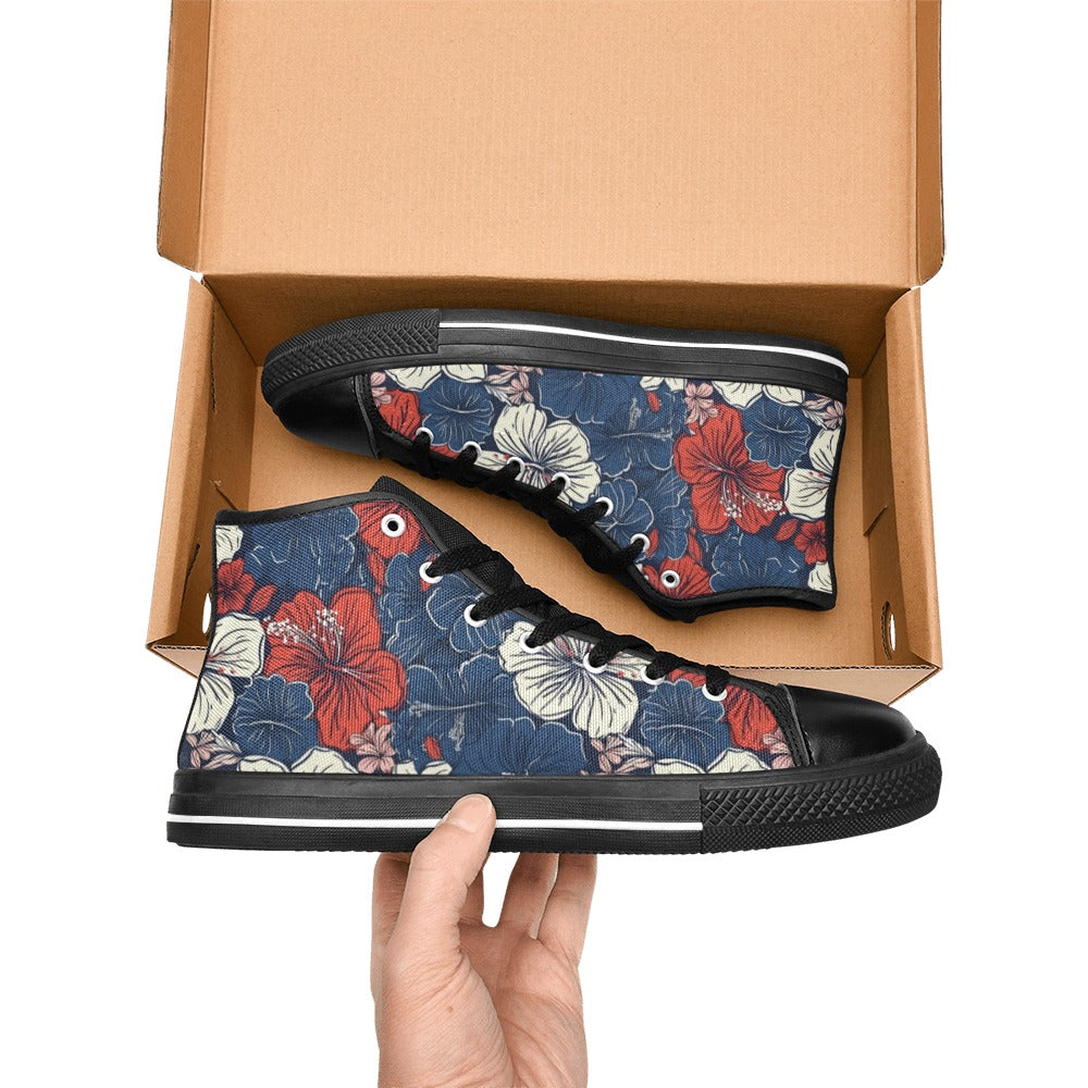 USA/American Flag Inspired Hawaiian Floral Pattern Kid's High Top Canvas Shoes