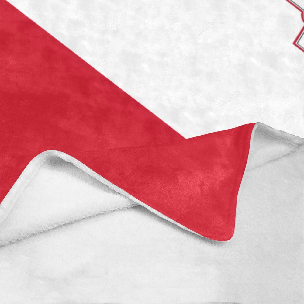 Red and white fleece blanket by Luv My Flag brand.