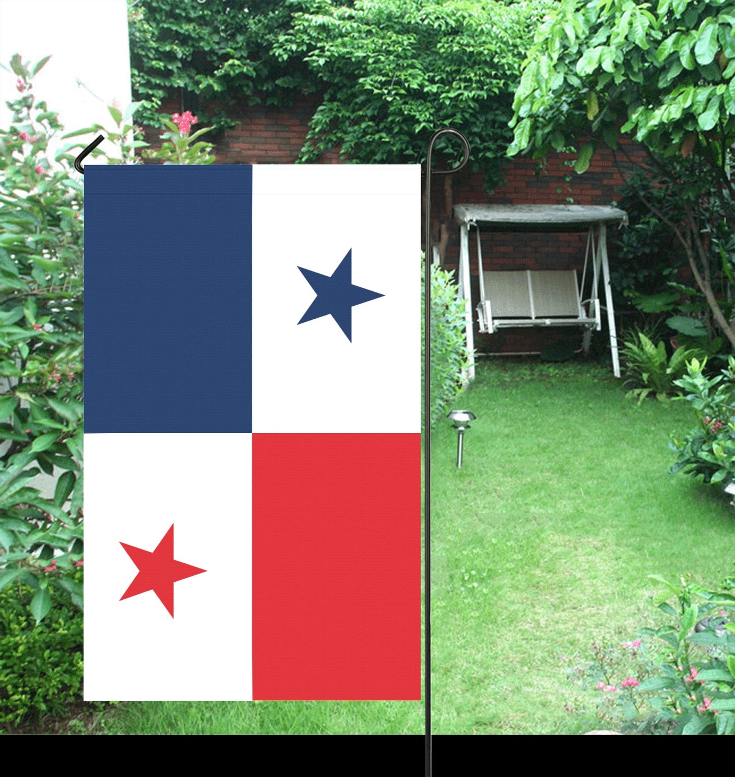 Luv My Flag garden flag featuring Panamanian design, greenery background.
