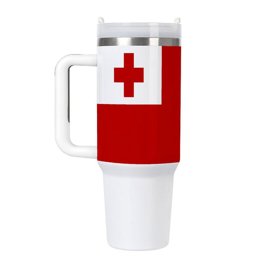 Tonga flag tumbler with white handle.