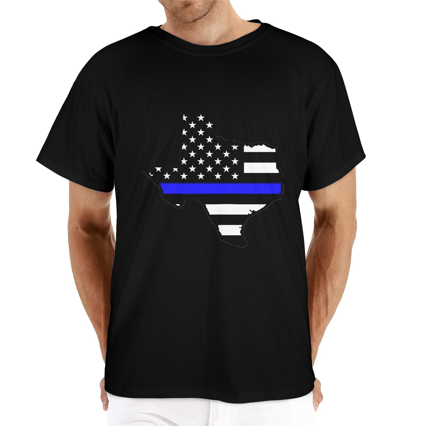 Thin Blue Line Flag Inspired Texas Shape Men’s Heavy Cotton T-Shirt (Made in the USA)