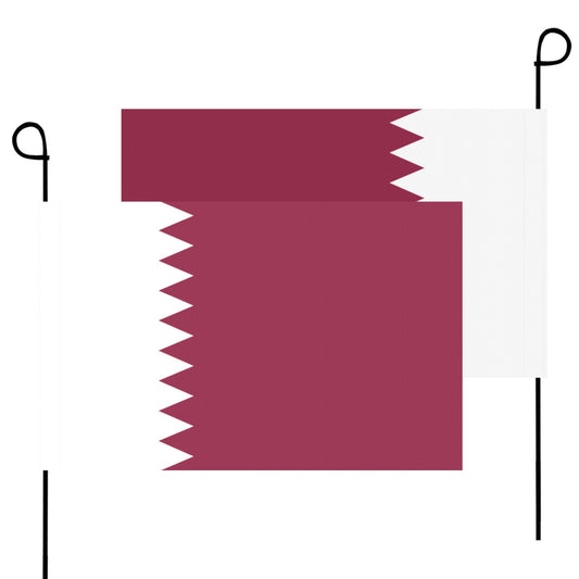 Luv My Flag, maroon-white Qatar garden flags, black poles.