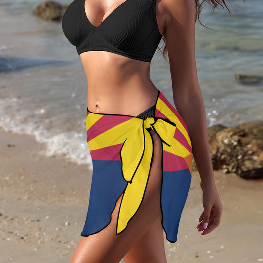 Woman wearing Luv My Flag Arizona-themed beach sarong.