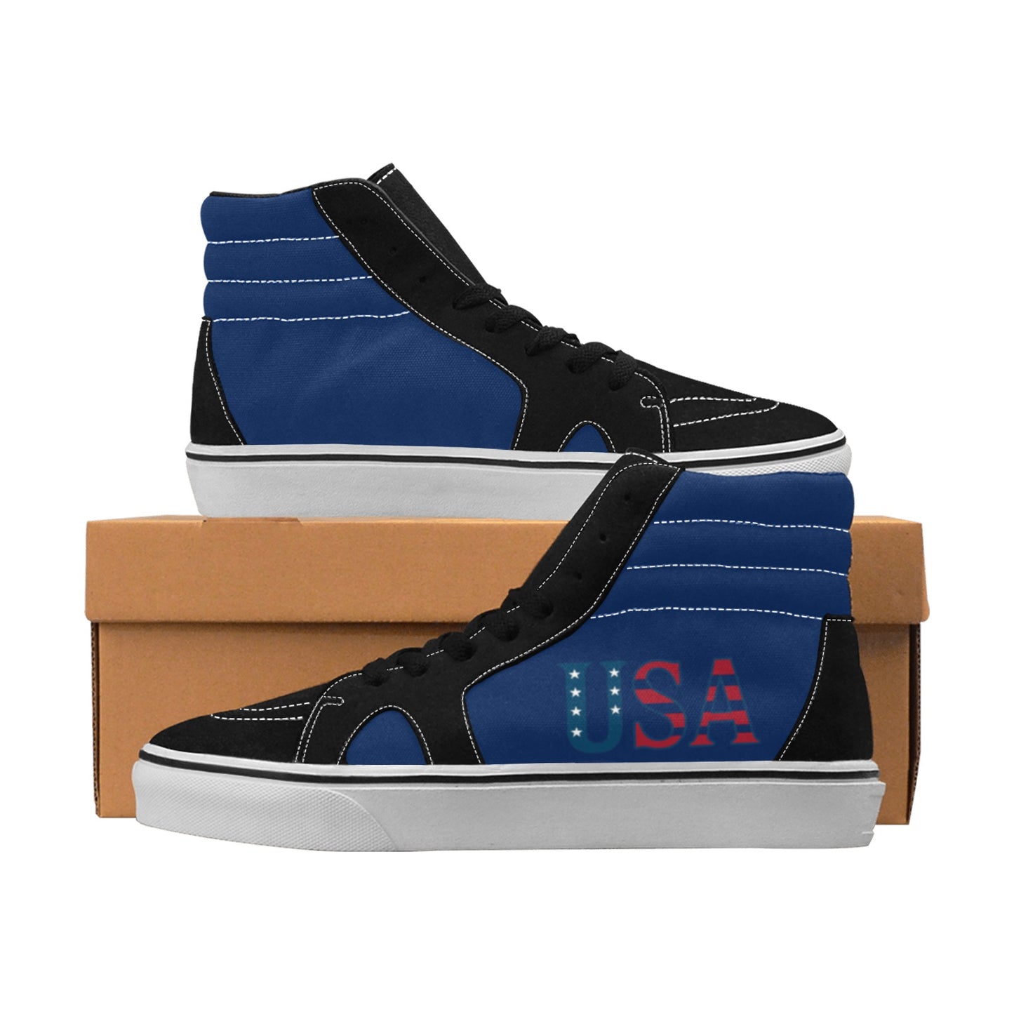 USA/American Flag Inspired "USA" Women's High Top Canvas Shoes (Blue)