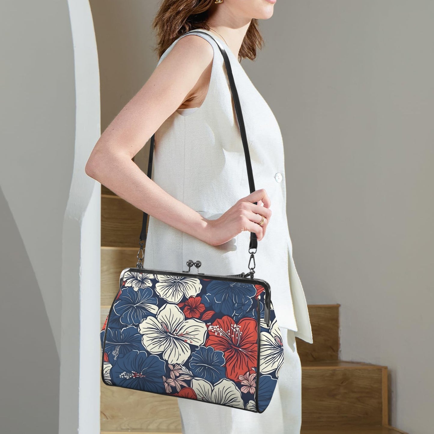 USA/American Flag Inspired Hawaiian Floral Pattern Kisslock Crossbody Shoulder Bag-Large