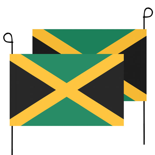 Two Luv My Flag Jamaican garden flags, black poles.