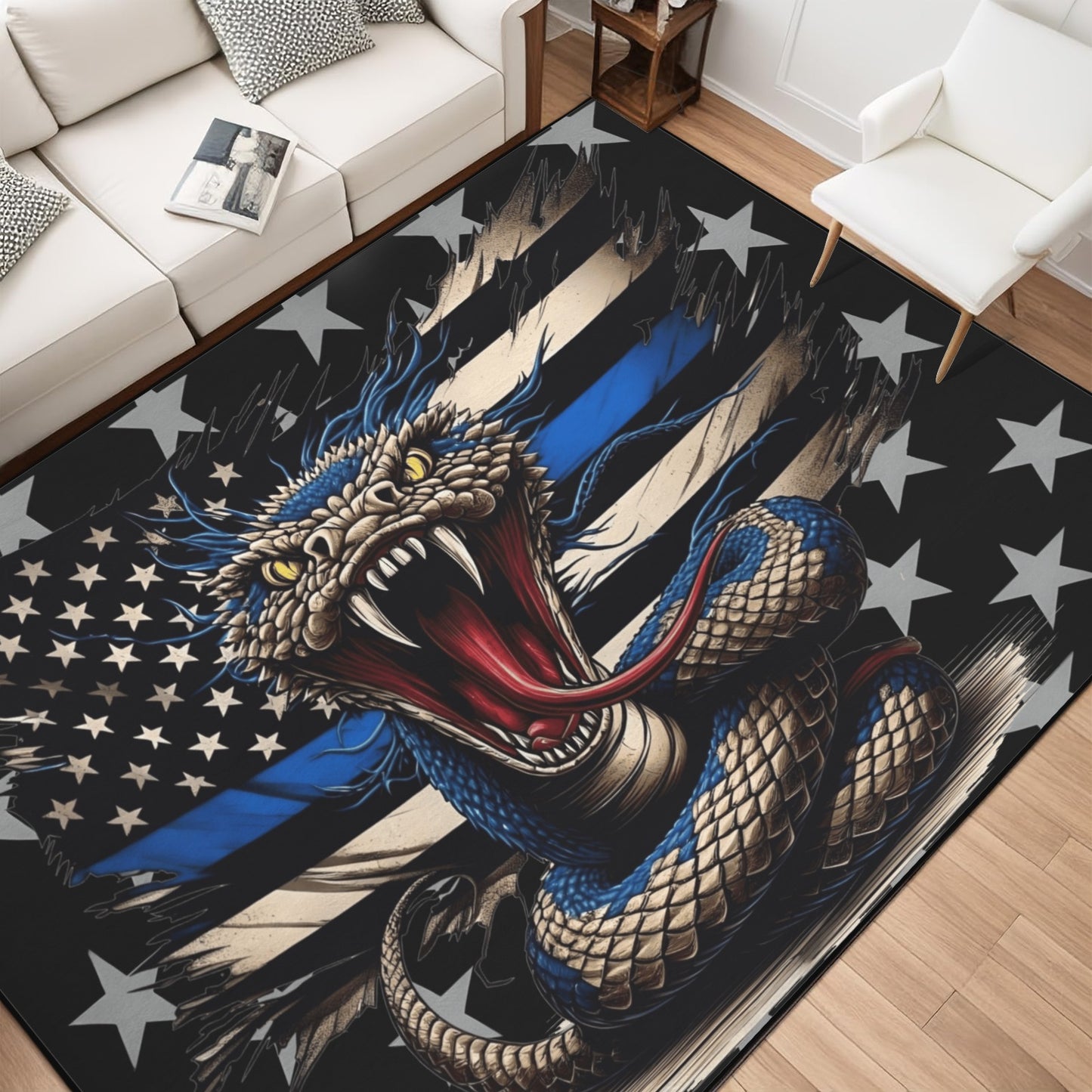 Thin Blue Line Flag Inspired Snake 84x60 Inch Area Rug with Black Binding (Made in the USA)