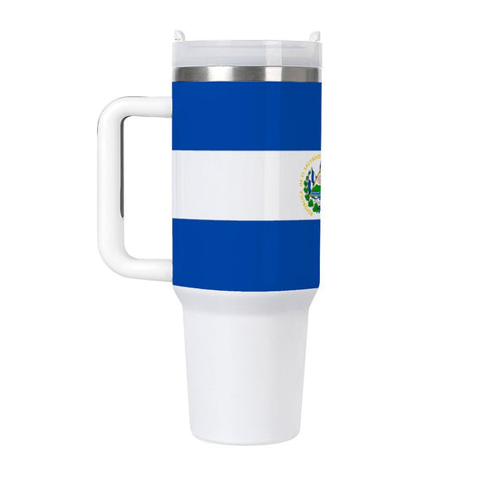 El Salvador flag travel tumbler, white handle.