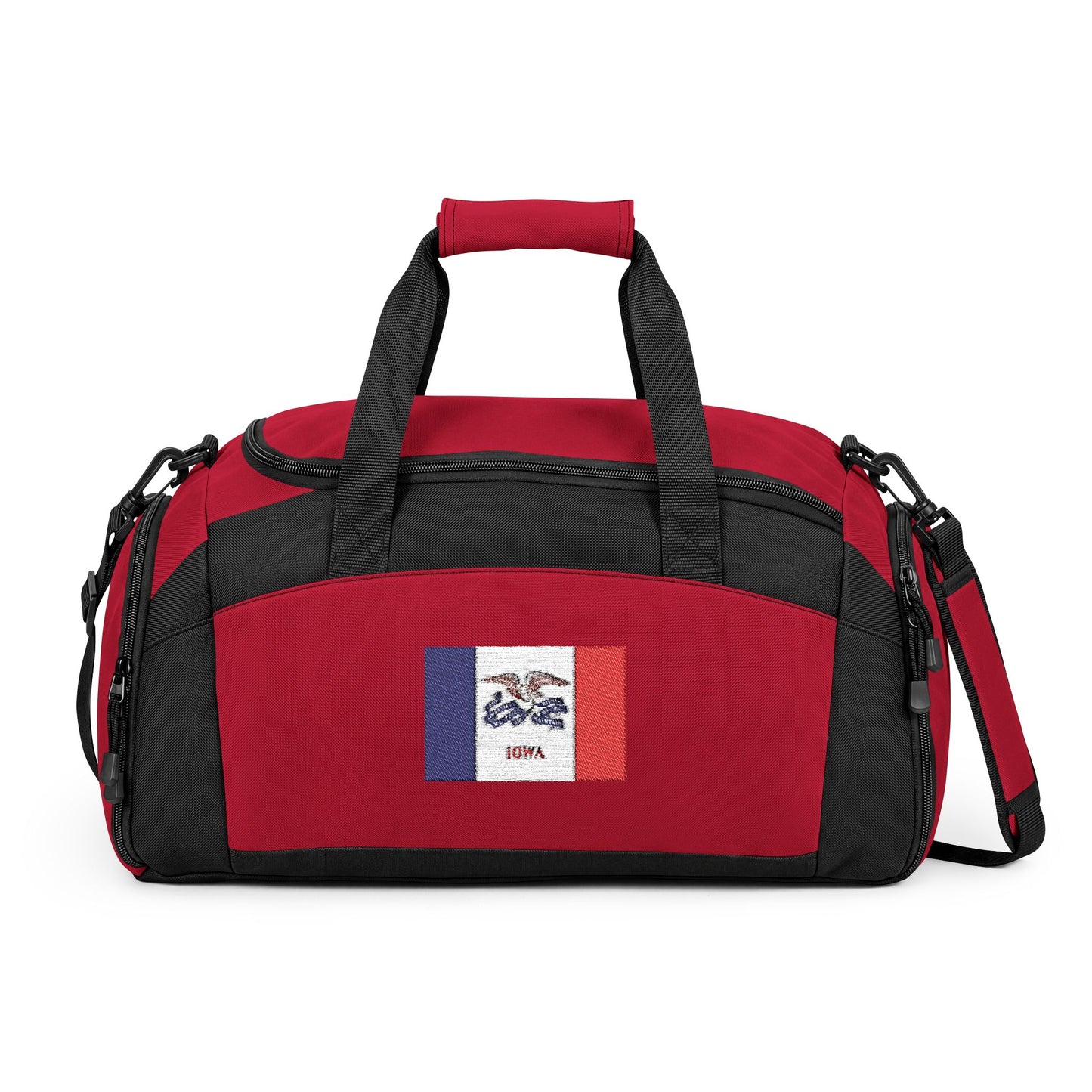 Iowa Flag Gym Bag — Black Duffle with Embroidered Iowa Flag
