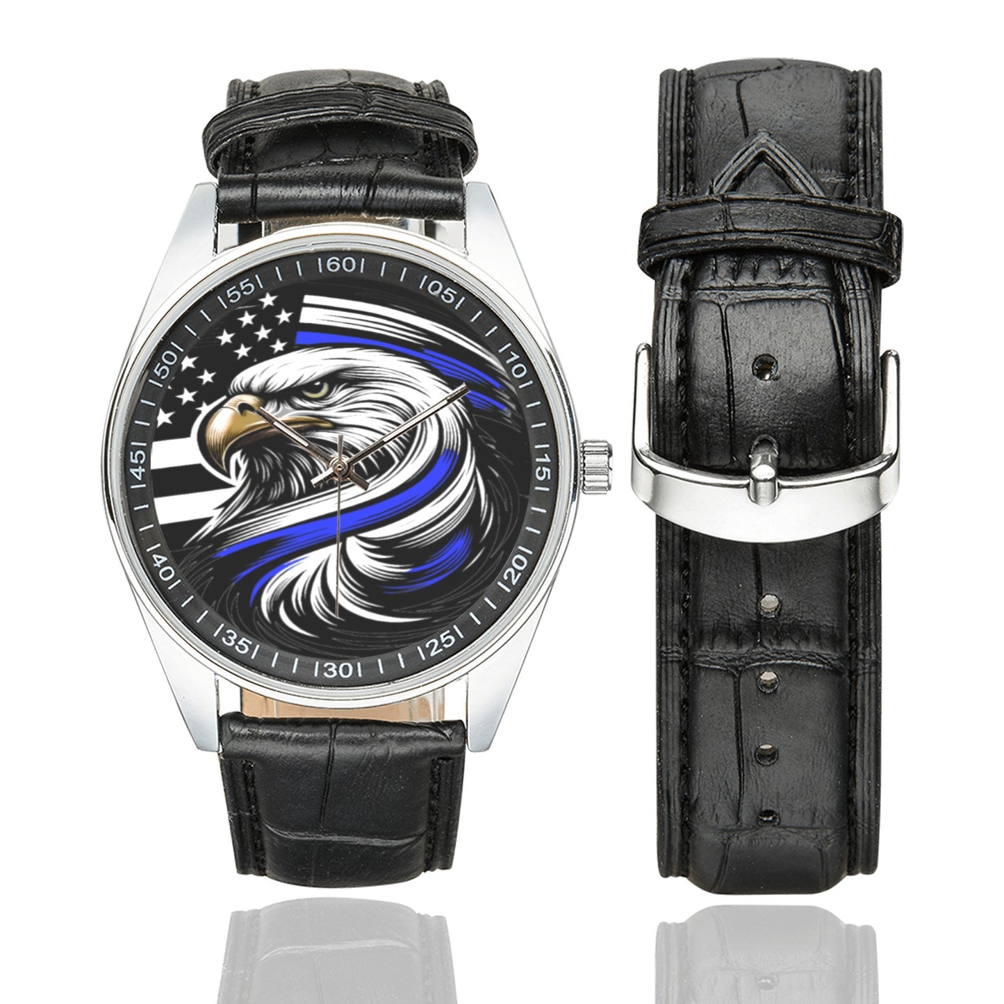 Thin Blue Line Flag Eagle Men's Casual Leather Strap Watch