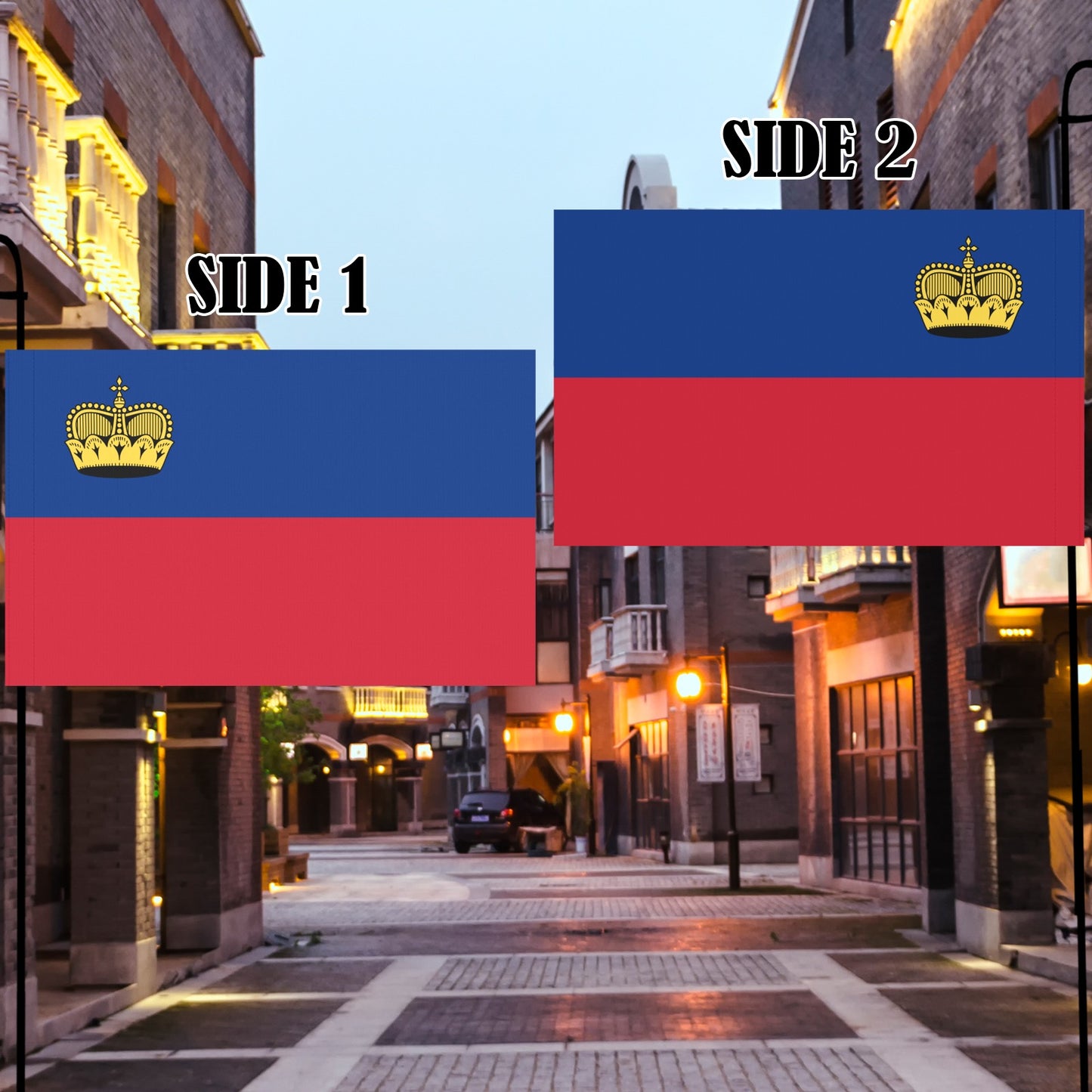 Luv My Flag banners displayed in a charming street setting.
