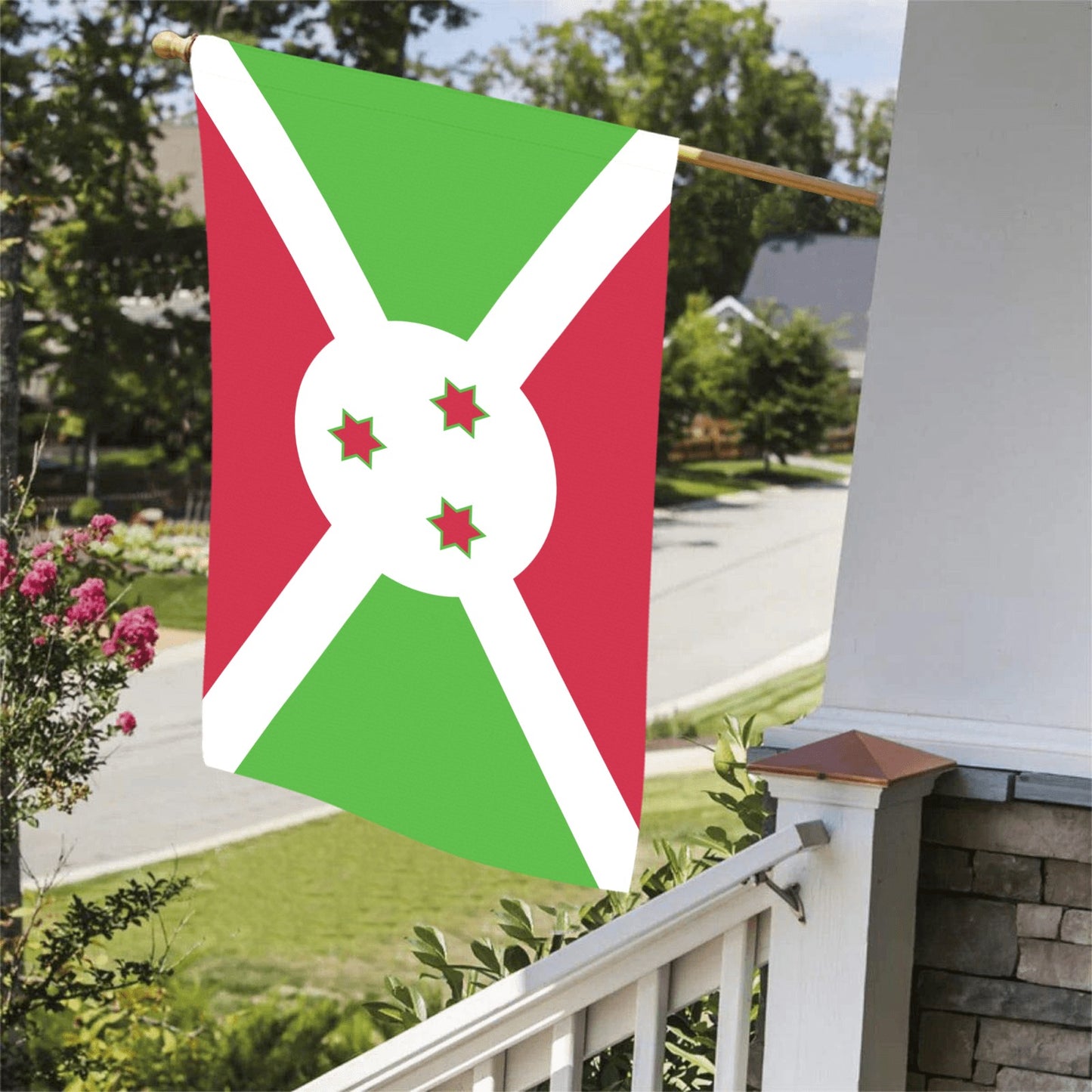 Burundi flag by Luv My Flag, displayed on porch.