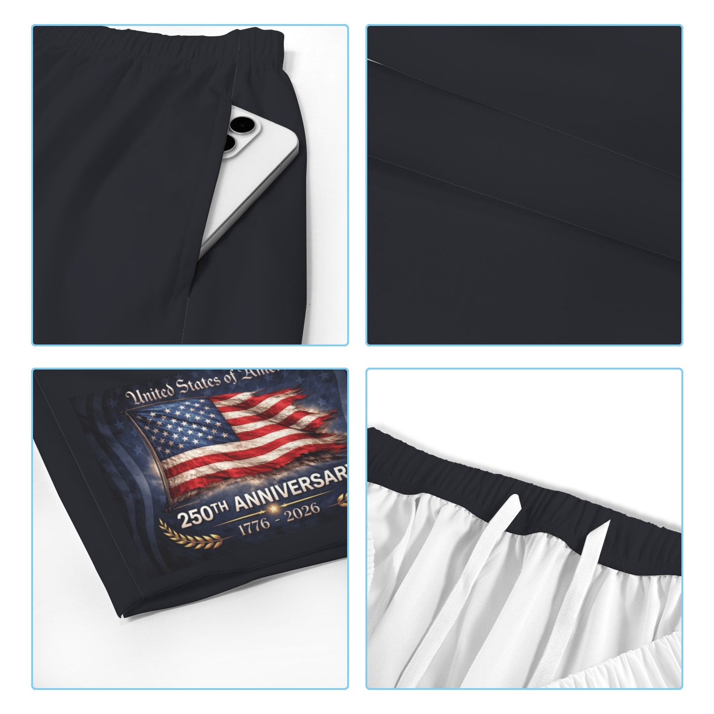 250 YEAR ANNIVERSARY USA/American Flag Inspired Men’s Draw String Pocket Beach Shorts Printed in the USA