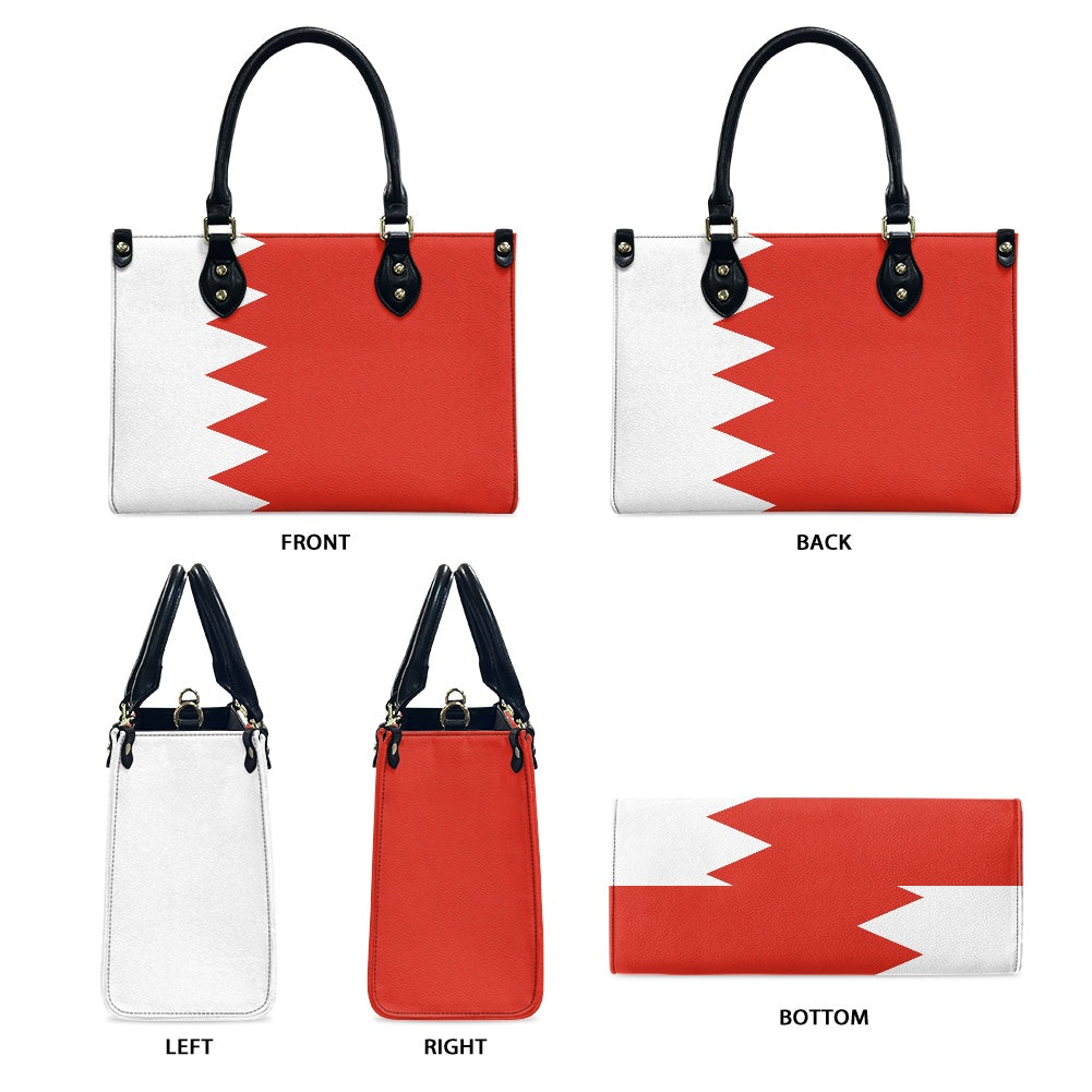 Luv My Flag handbag, Bahrain flag design, multiple angles.