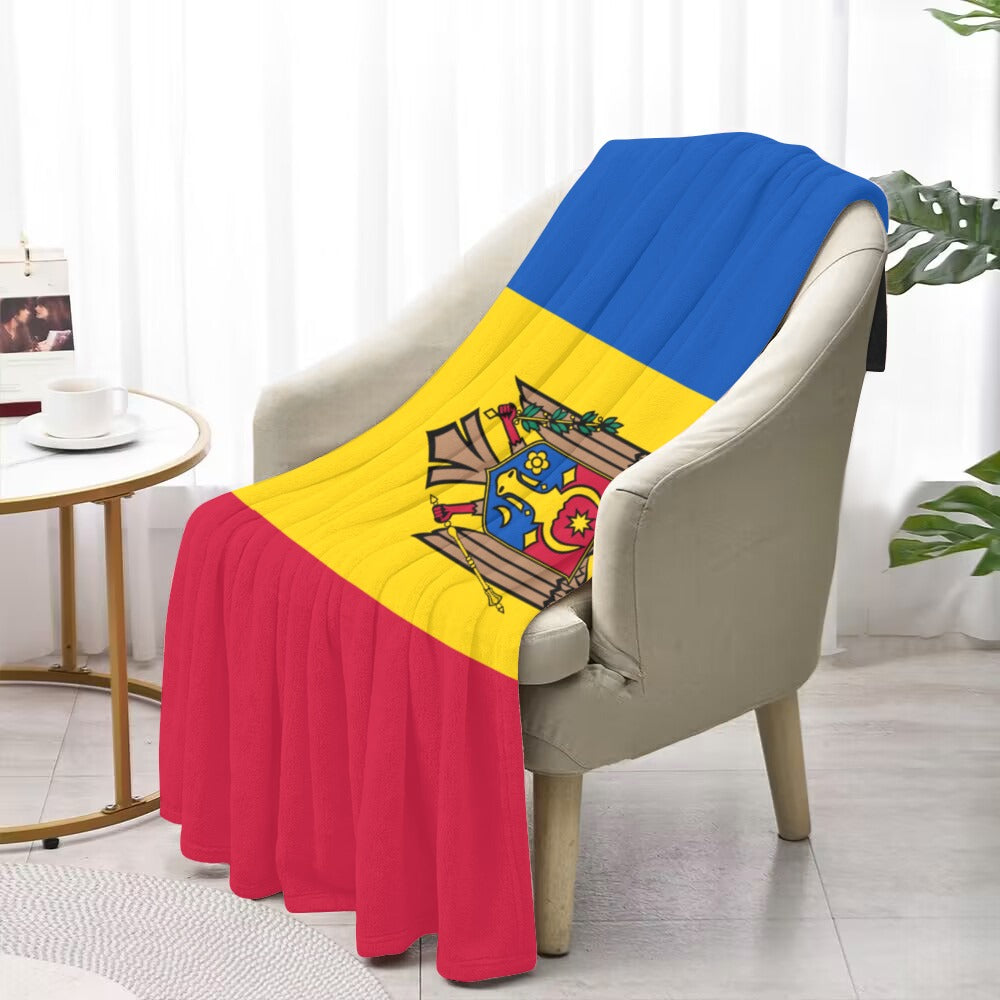 Luv My Flag blanket featuring Moldova flag on chair.