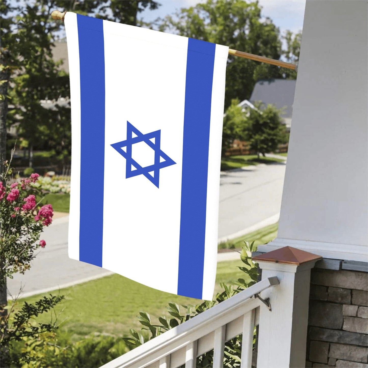 Luv My Flag Israeli flag displayed on sunny porch.